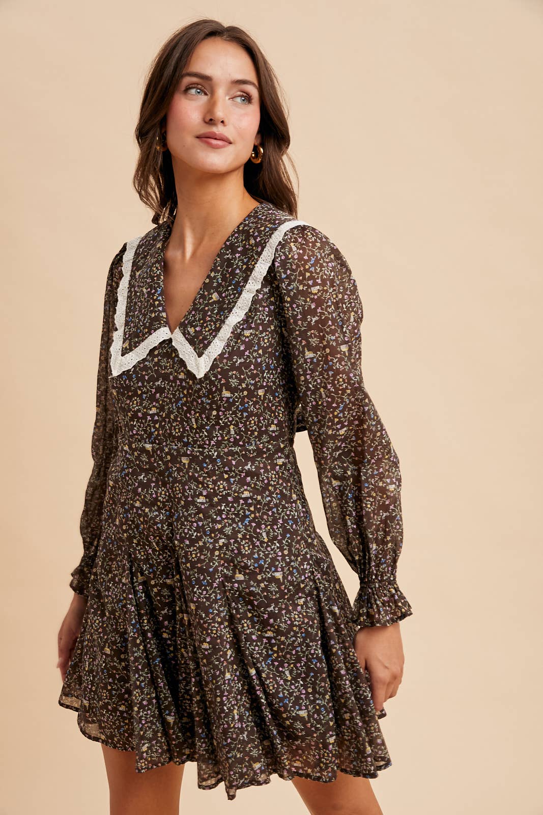 PETER PAN COLLAR FLARED MINI DRESS MOCHA