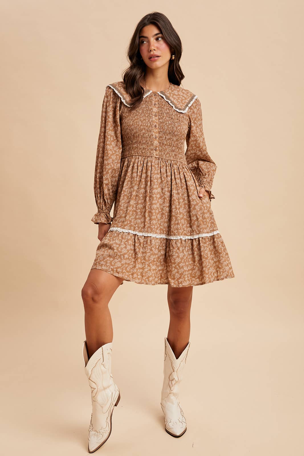 SMOCKED DOLL COLLAR MINI DRESS