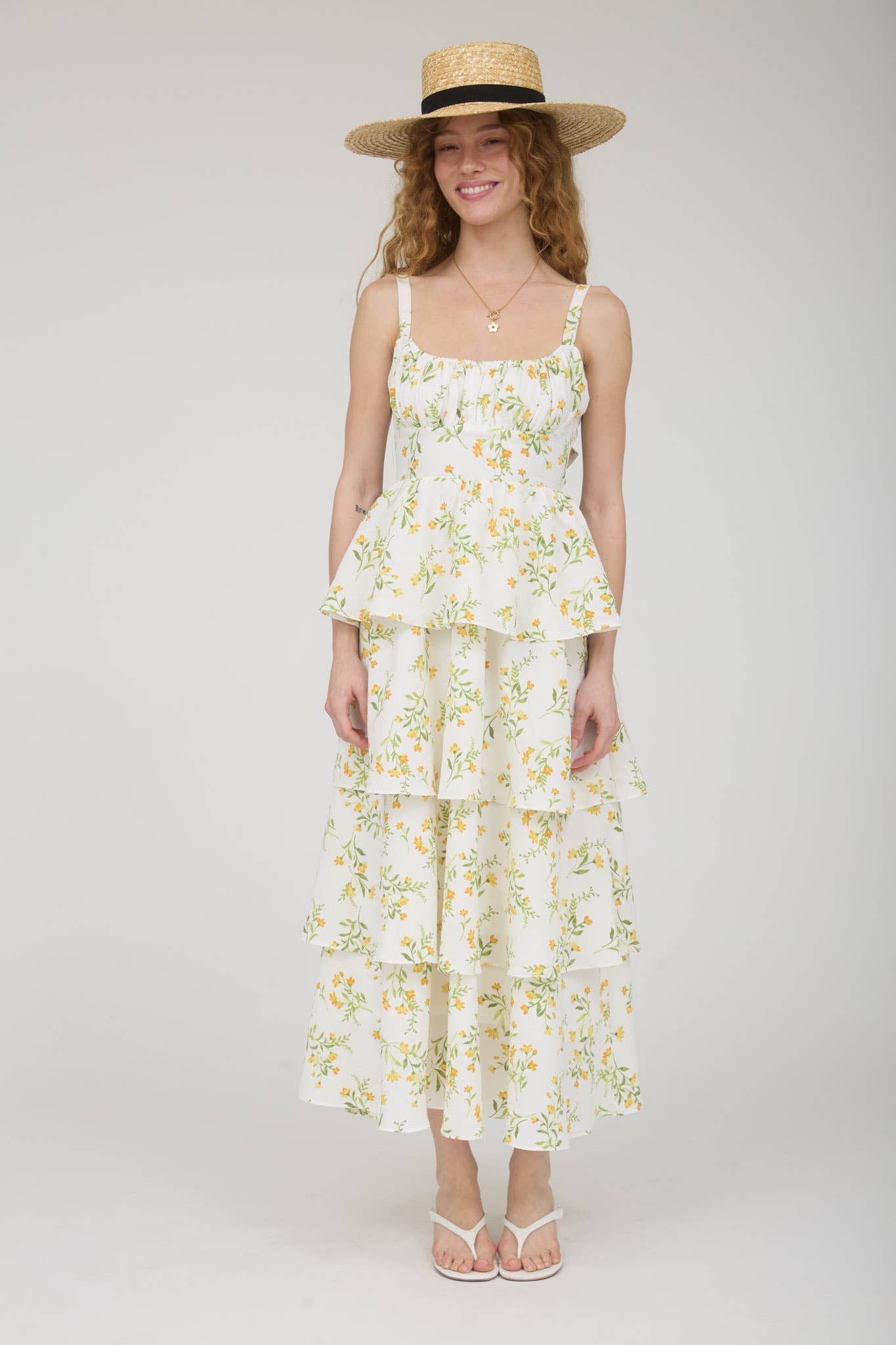 FLORAL RUFFLE TIERED BACK TIE MIDI DRESS: BLUE MULTI