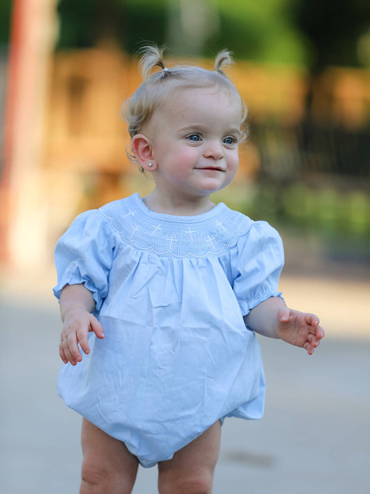 Girls Cross Smocking Embroidered Blue Romper