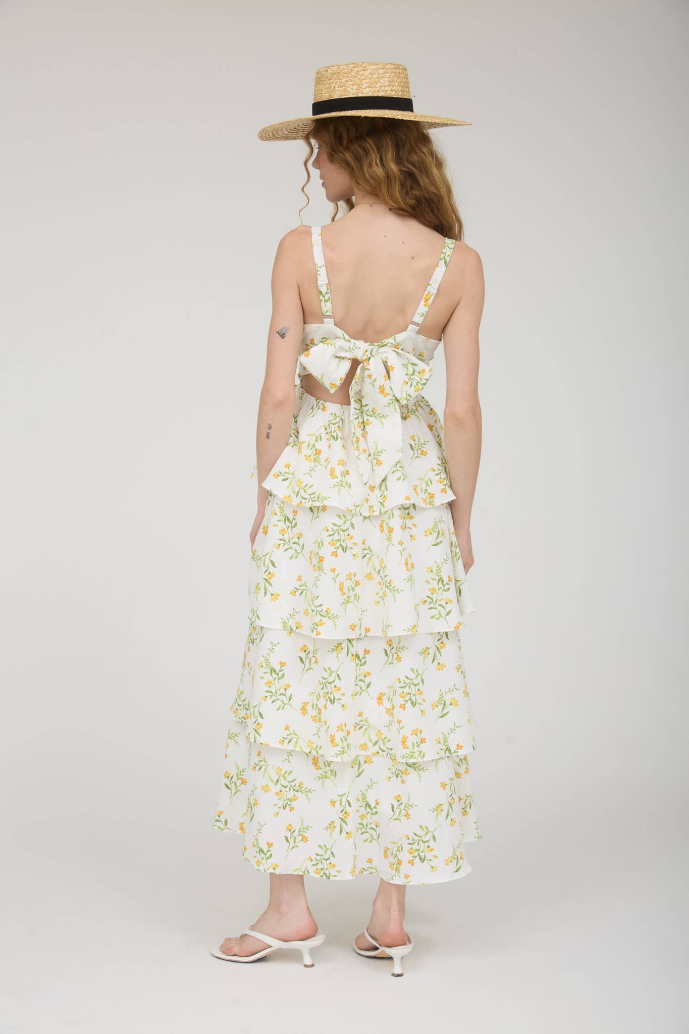 FLORAL RUFFLE TIERED BACK TIE MIDI DRESS: BLUE MULTI