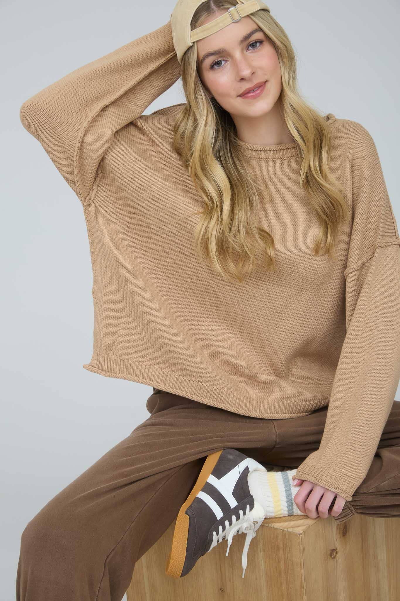 RAW EDGE EXTENDED SHOULDER LONG SLEEVE SWEATER