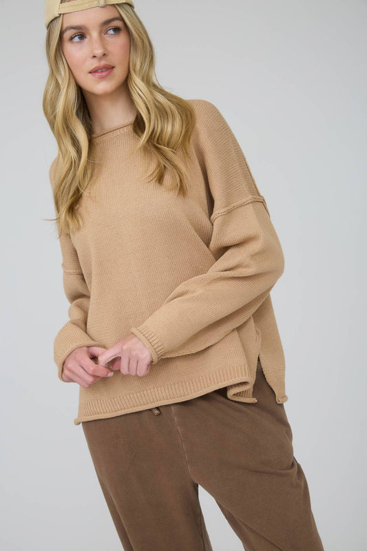 RAW EDGE EXTENDED SHOULDER LONG SLEEVE SWEATER