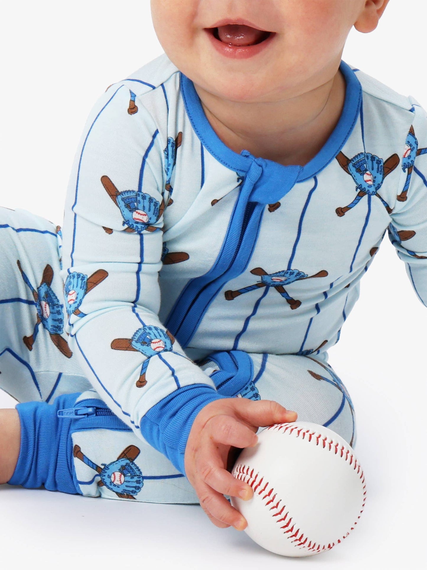 SoftSnooze™ Baby Bamboo Viscose Blue Batter Up Baseball Convertible One Piece Footie Pajama: Blue