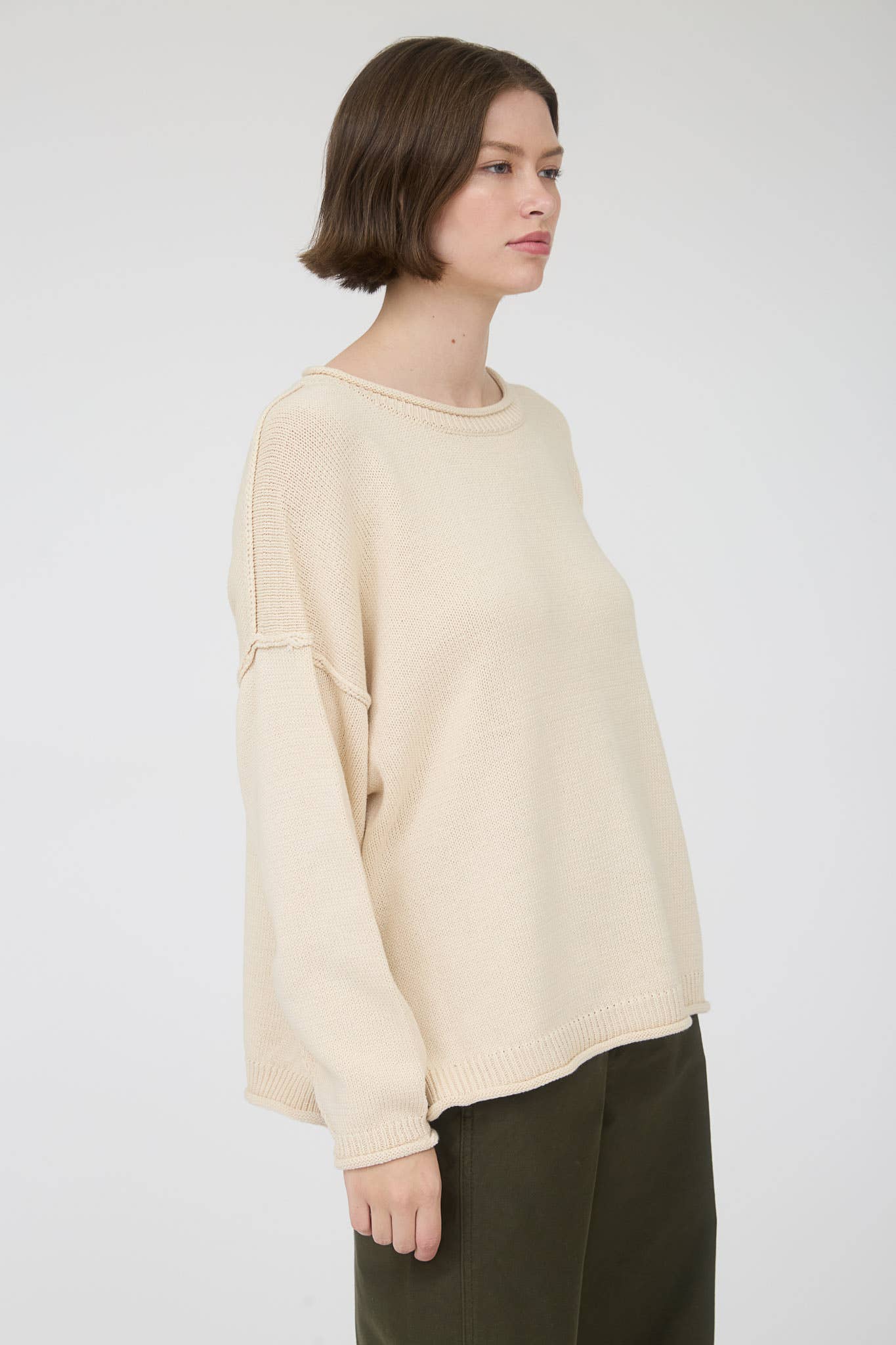 RAW EDGE EXTENDED SHOULDER LONG SLEEVE SWEATER