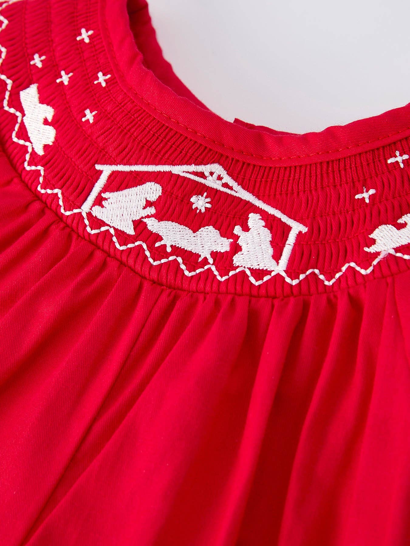Red Christmas Baby Girls Romper: Nativity Embroidery