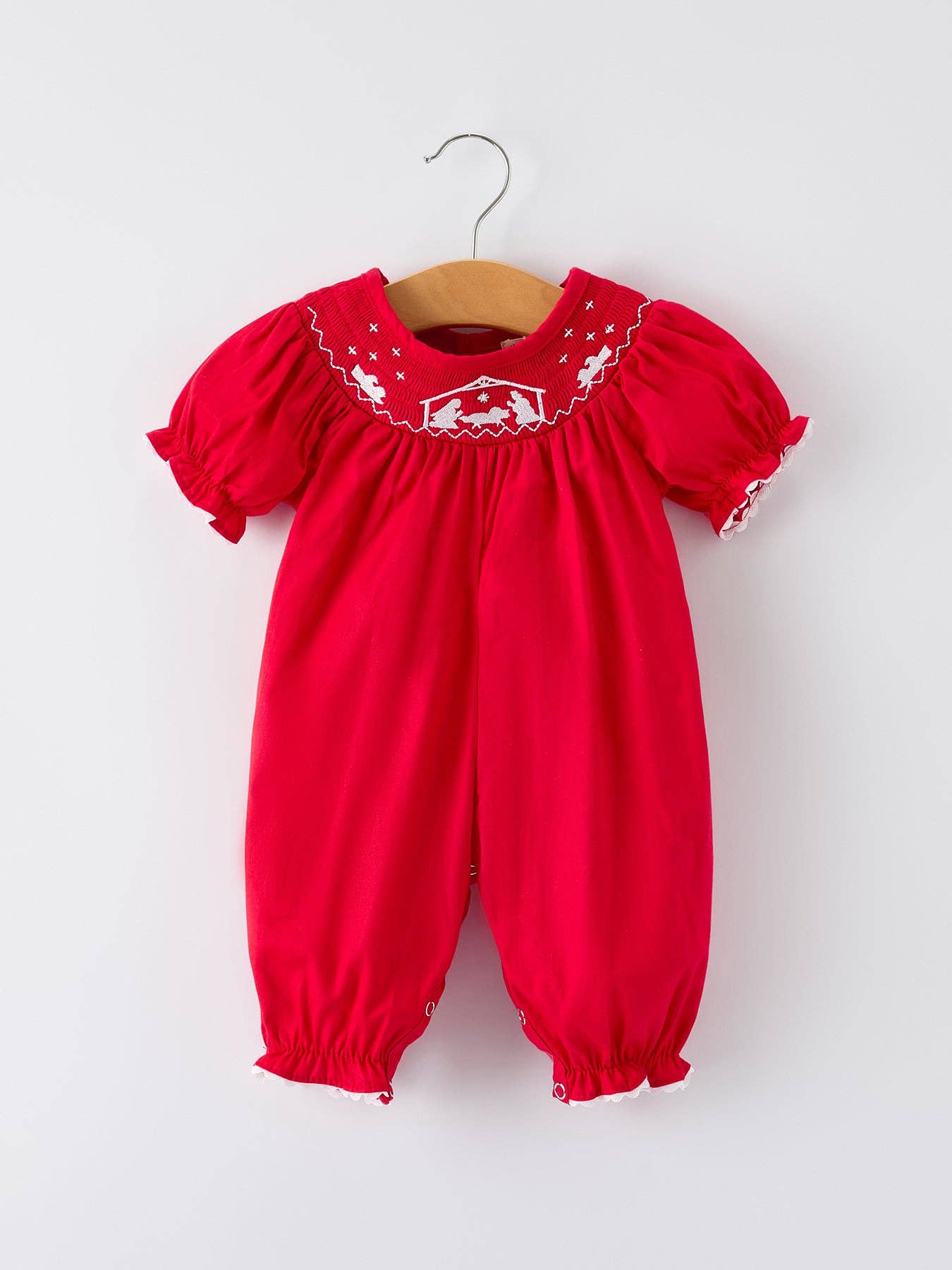 Red Christmas Baby Girls Romper: Nativity Embroidery