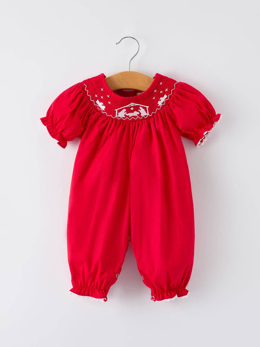 Red Christmas Baby Girls Romper: Nativity Embroidery