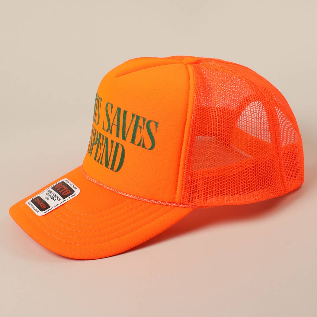 JESUS SAVES I SPEND Text Mesh Back Trucker Hat: Pink / ONE SIZE