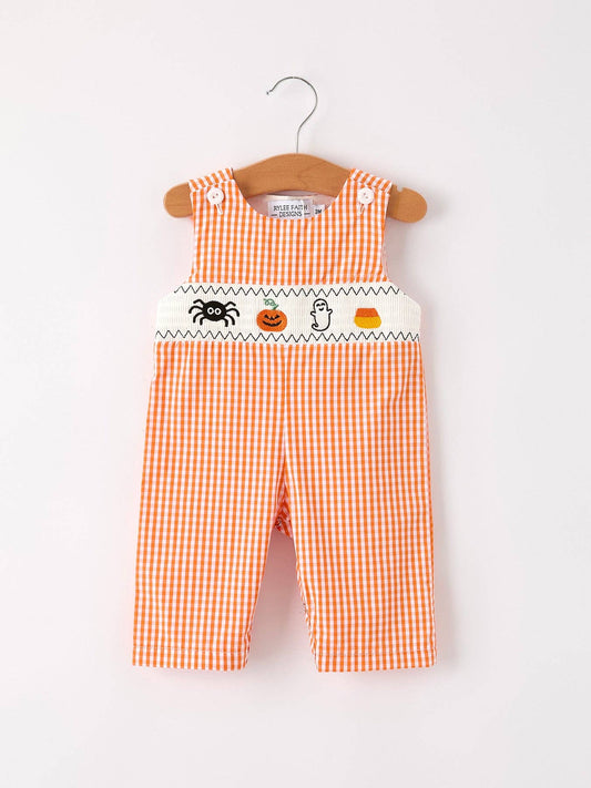 Fall Halloween Orange Pumpkin Ghost Spider Smock Embroidery Baby Boy Romper