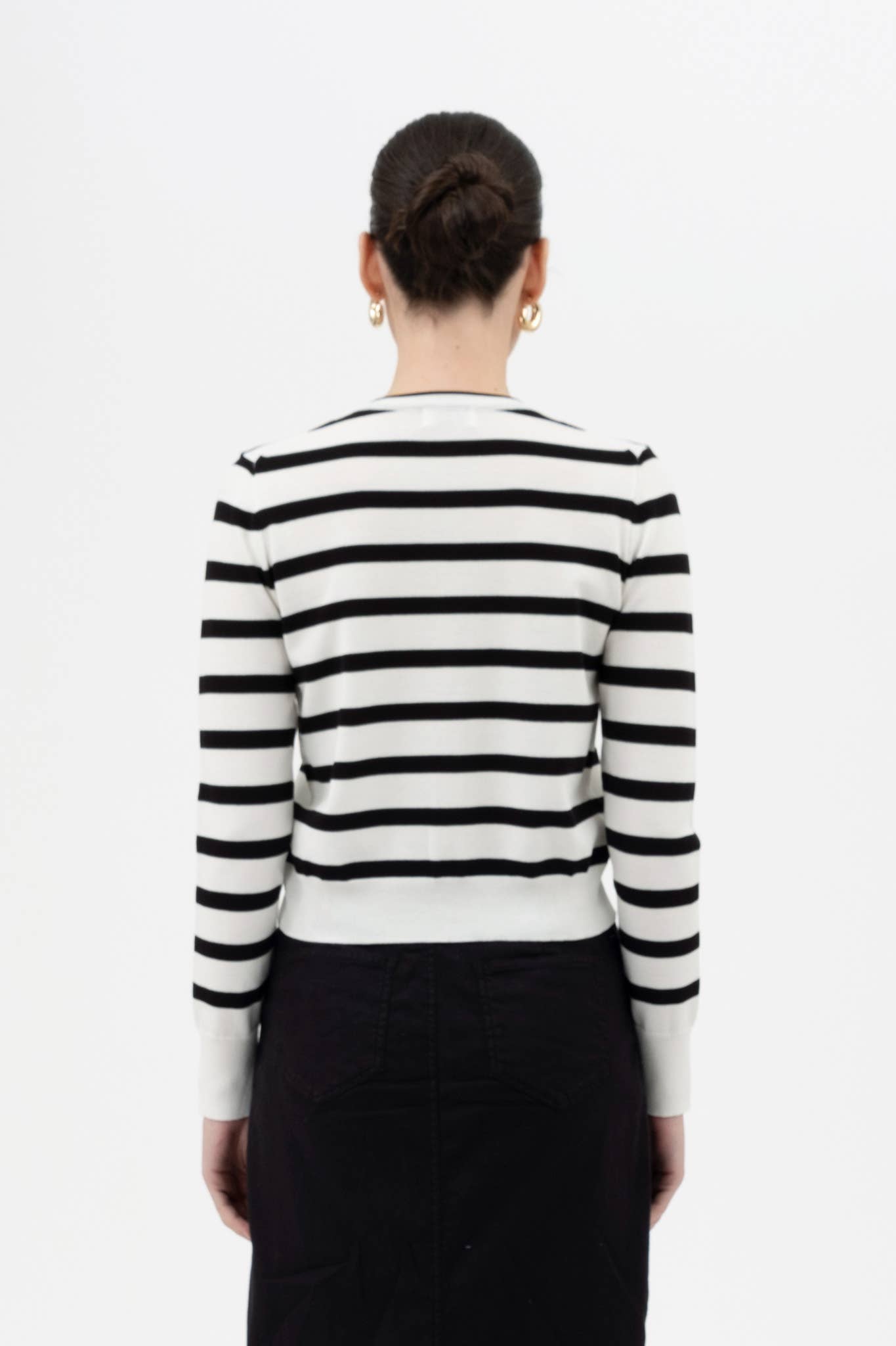 STRIPE ROUND NECK LONG SLEEVE BUTTON DOWN CARDIGAN: IVORY