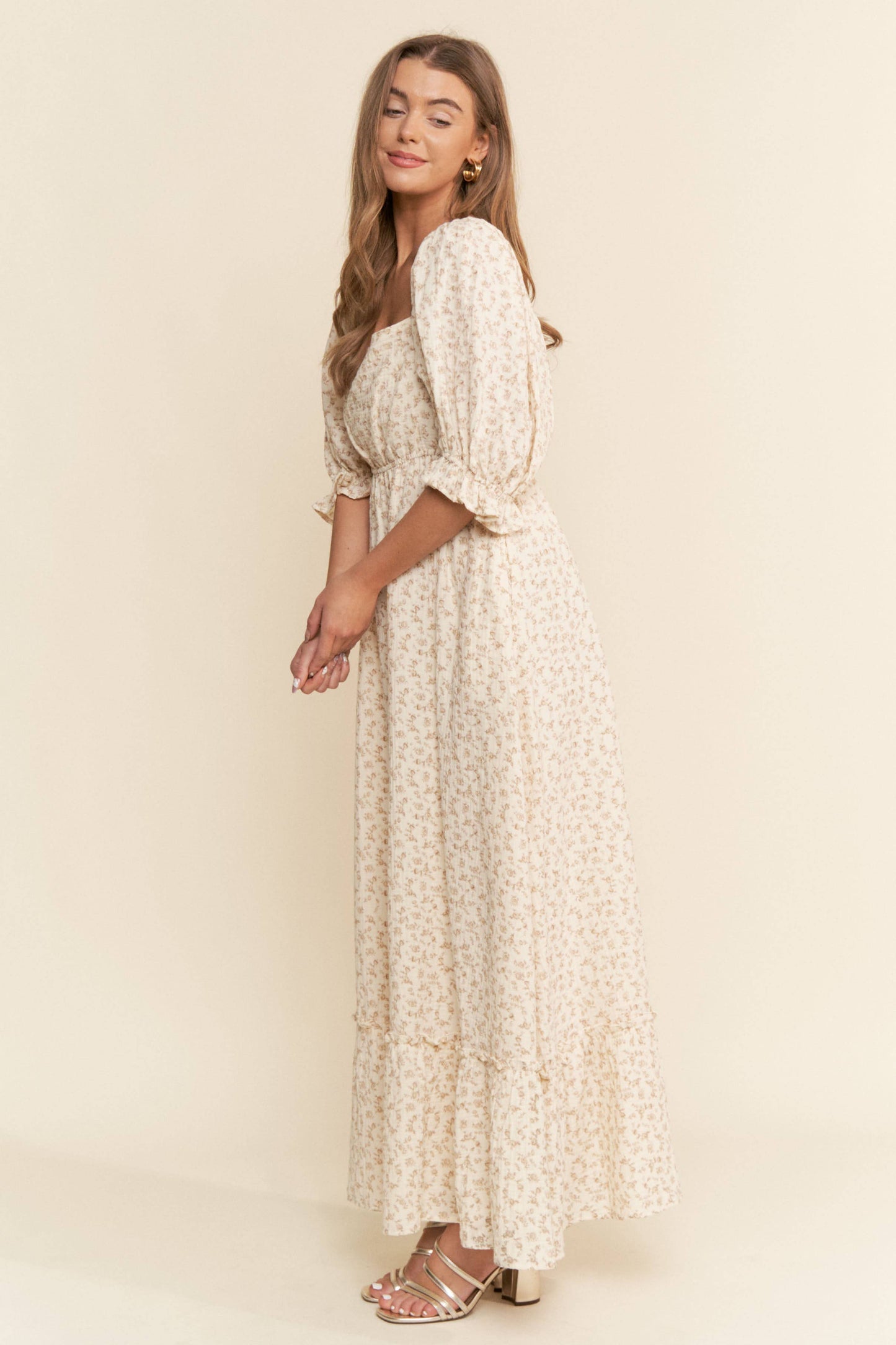 Floral Print Square Neckline Maxi Dress Neutral