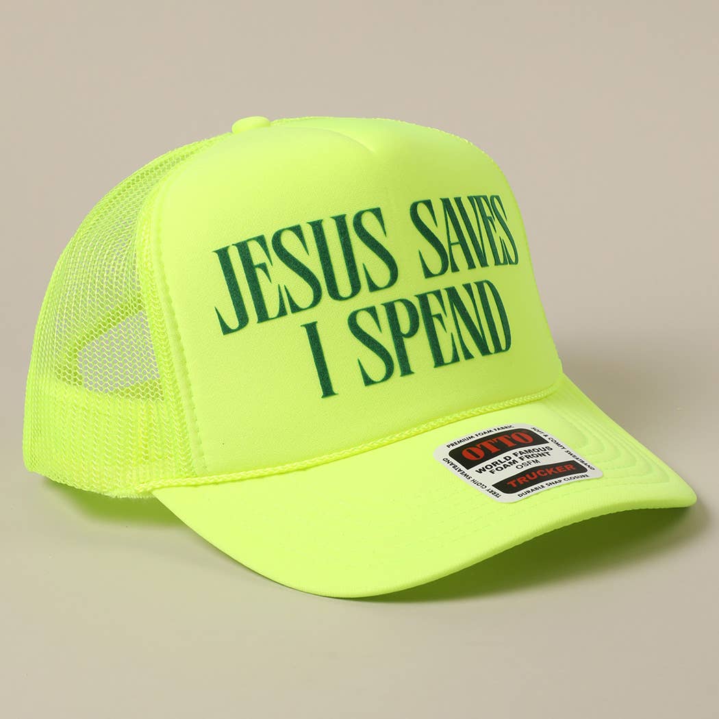 JESUS SAVES I SPEND Text Mesh Back Trucker Hat: Pink / ONE SIZE