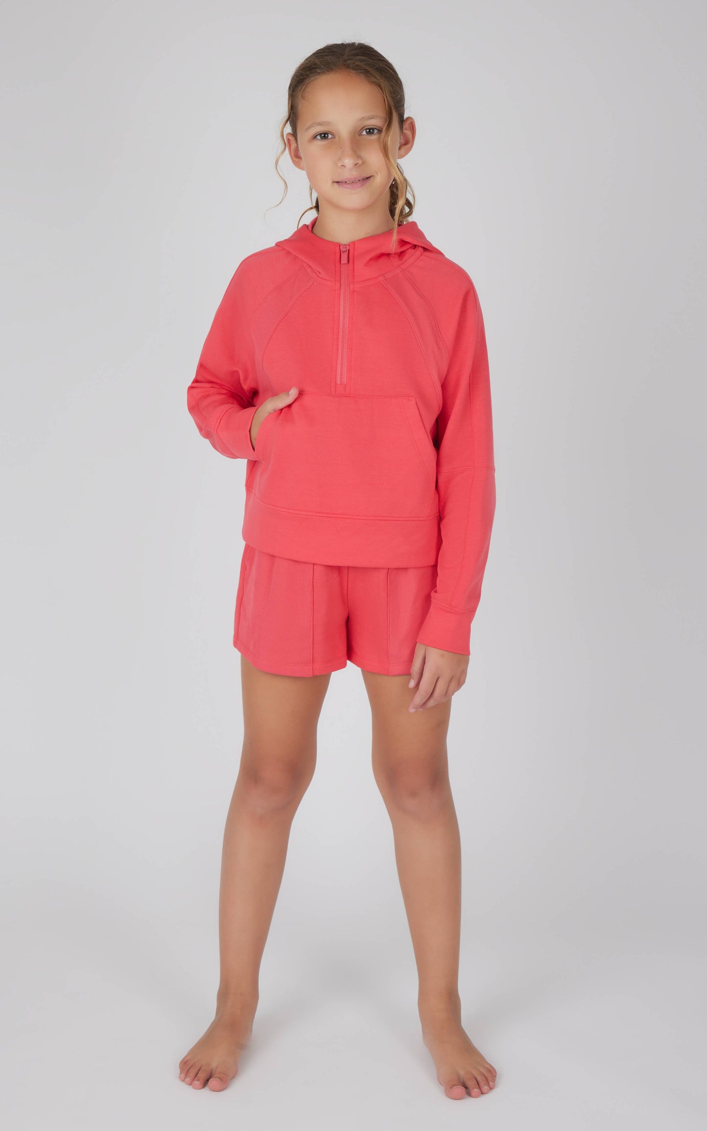 Girls Terry Brushed Half Zip Hoodie and Short - Set: CALYPSO CORAL