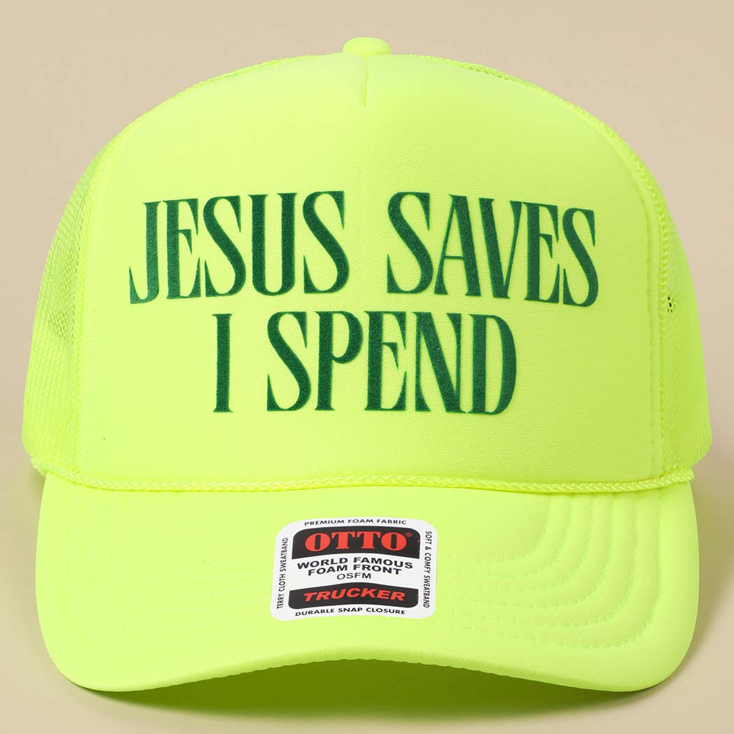 JESUS SAVES I SPEND Text Mesh Back Trucker Hat: Pink / ONE SIZE