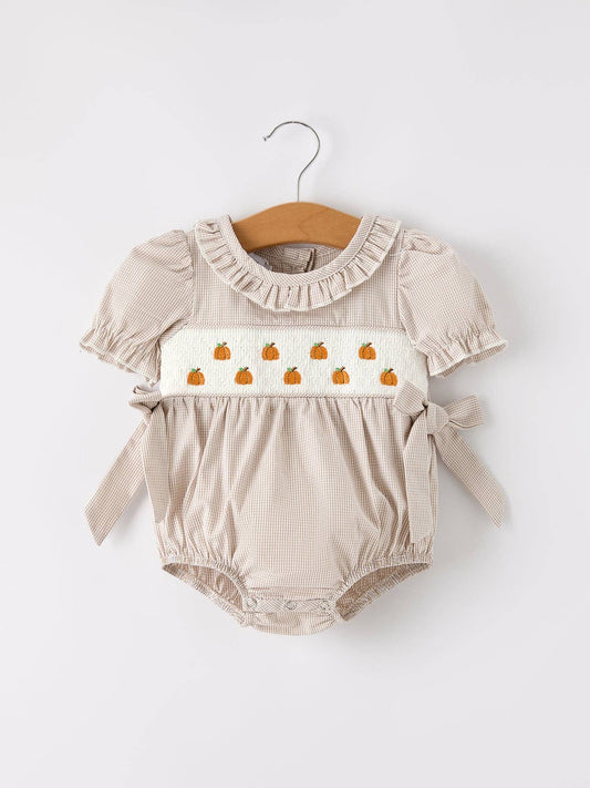 Halloween & Thanksgiving Pumpkin Embroidery Smock Plaid Baby Girl Romper