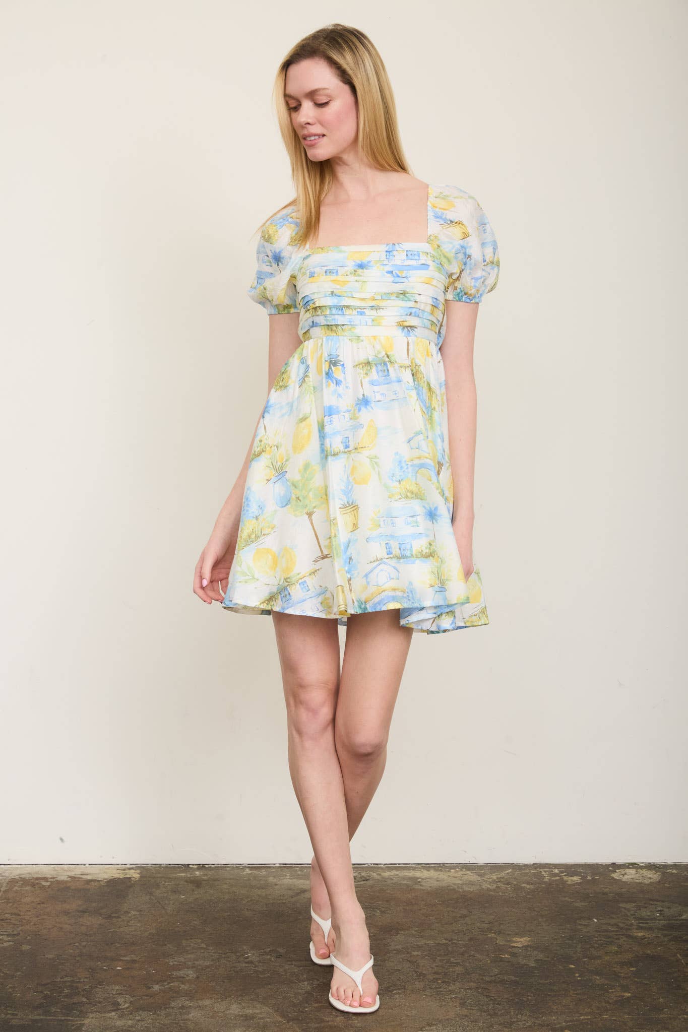 LEMON PRINT PLEATED SHORT PUFF SLEEVE MINI DRESS blue pepper