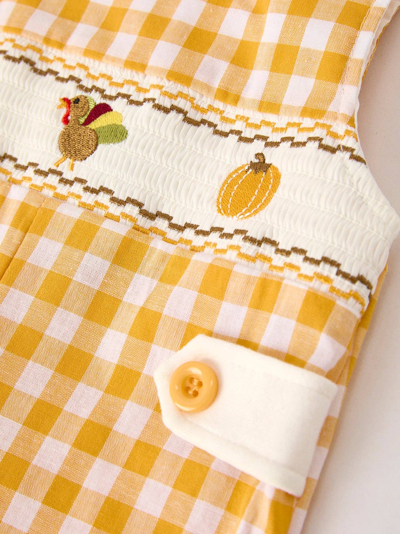 Autumn Thanksgiving Yellow Plaid Turkey Pumpkin Embroidery Smock Boys Romper