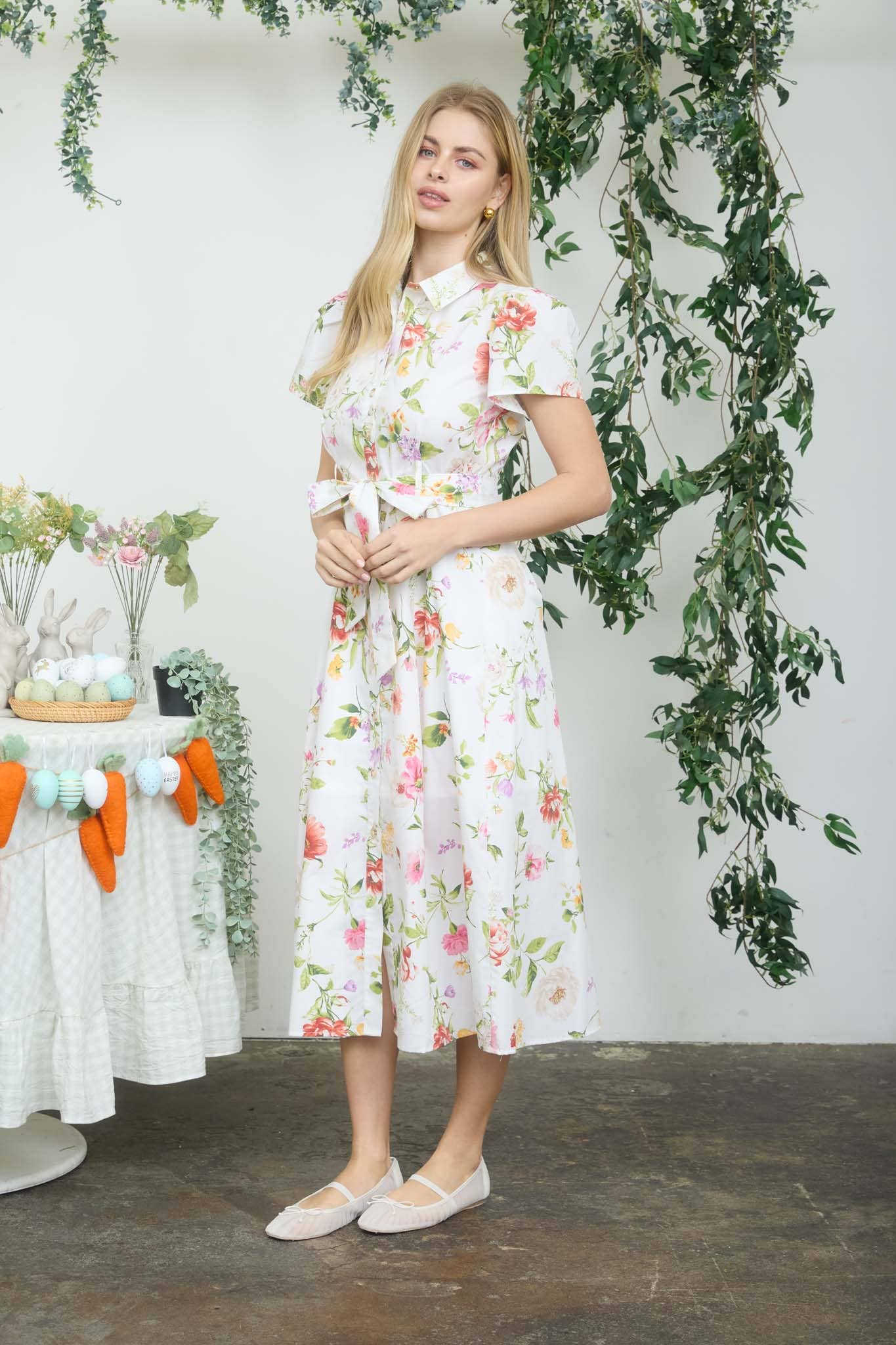 FLORAL SHORT SLEEVE BELTED MIDI SHIRT DRESS blue pepper