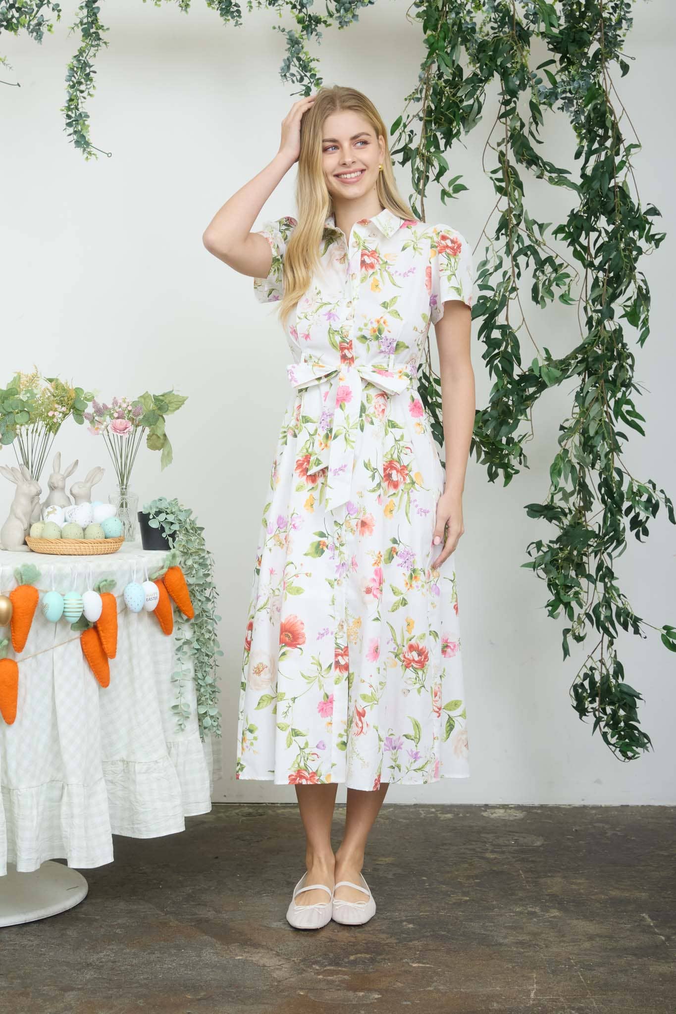 FLORAL SHORT SLEEVE BELTED MIDI SHIRT DRESS blue pepper