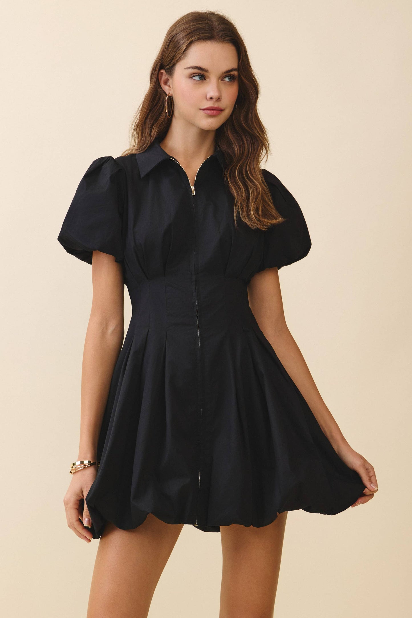 Fit and Flare Zipper Front Bubble Sleeves Dress Black