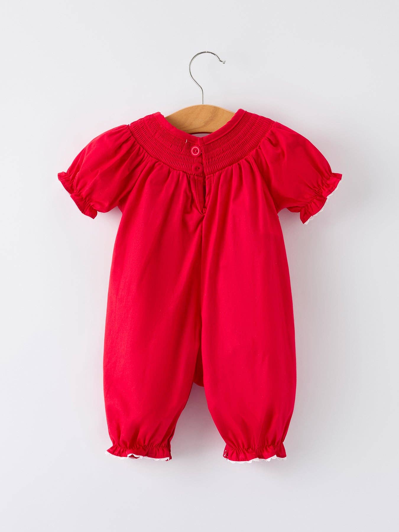 Red Christmas Baby Girls Romper: Nativity Embroidery