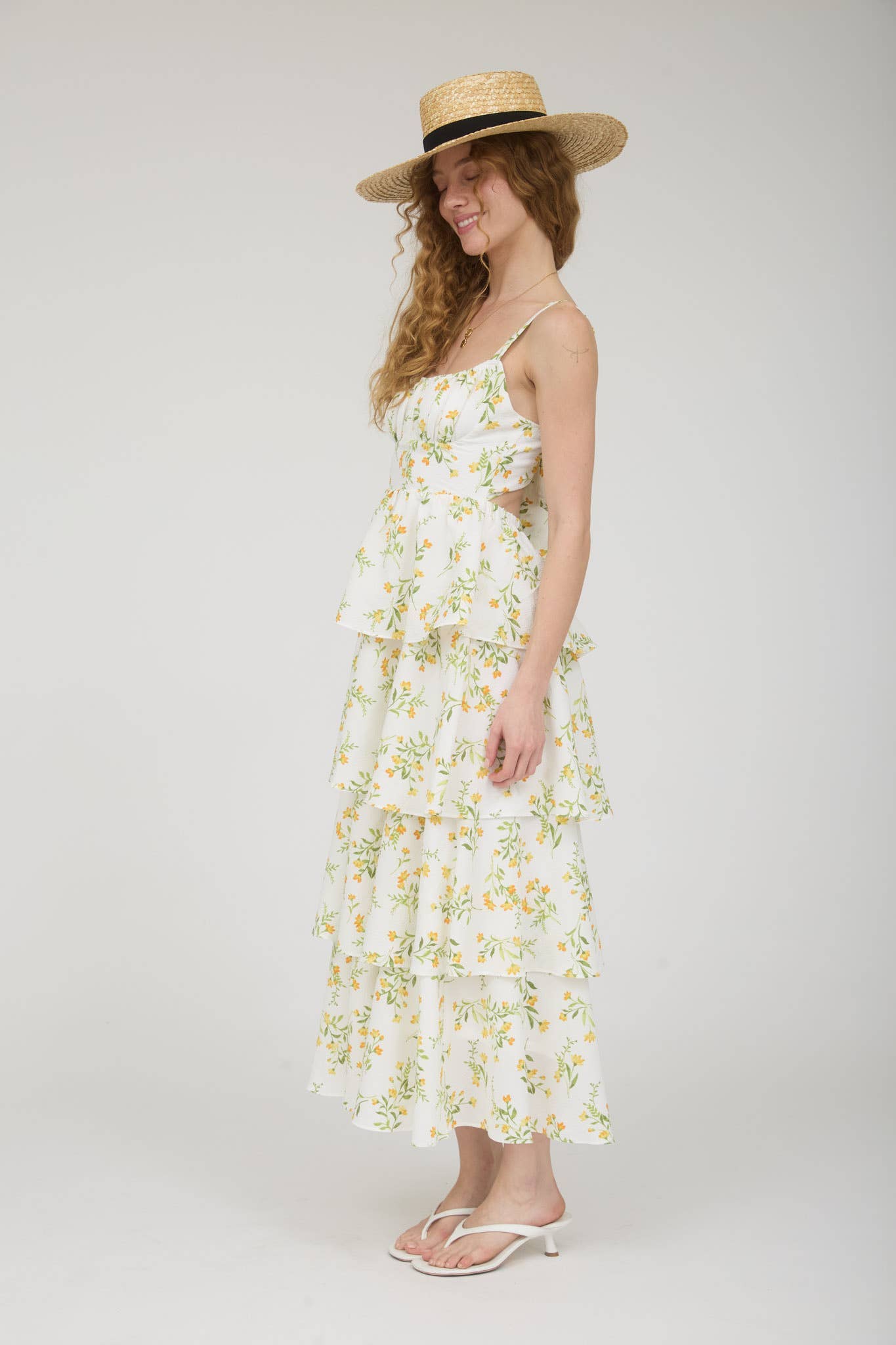 FLORAL RUFFLE TIERED BACK TIE MIDI DRESS: BLUE MULTI