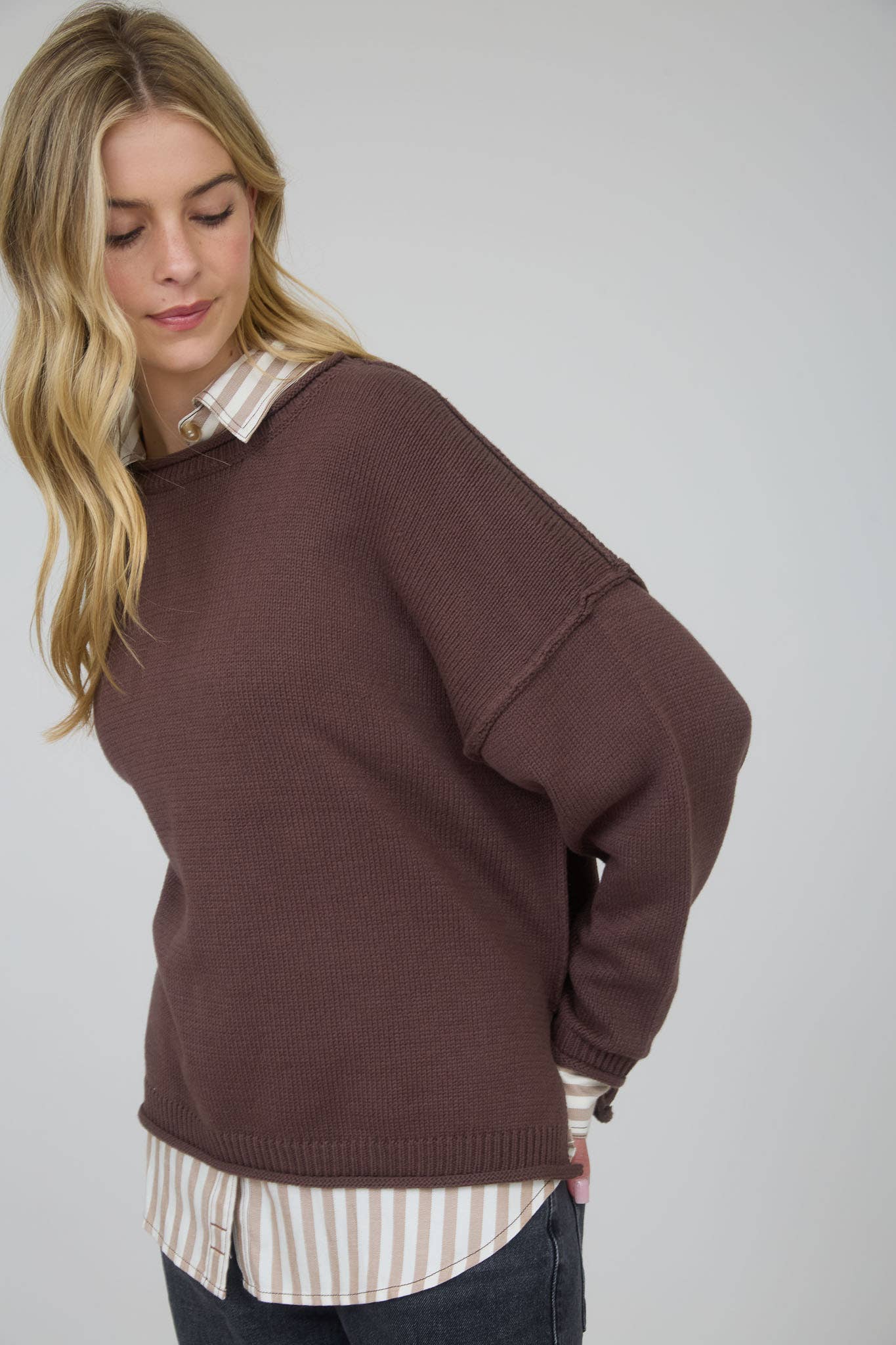 RAW EDGE EXTENDED SHOULDER LONG SLEEVE SWEATER