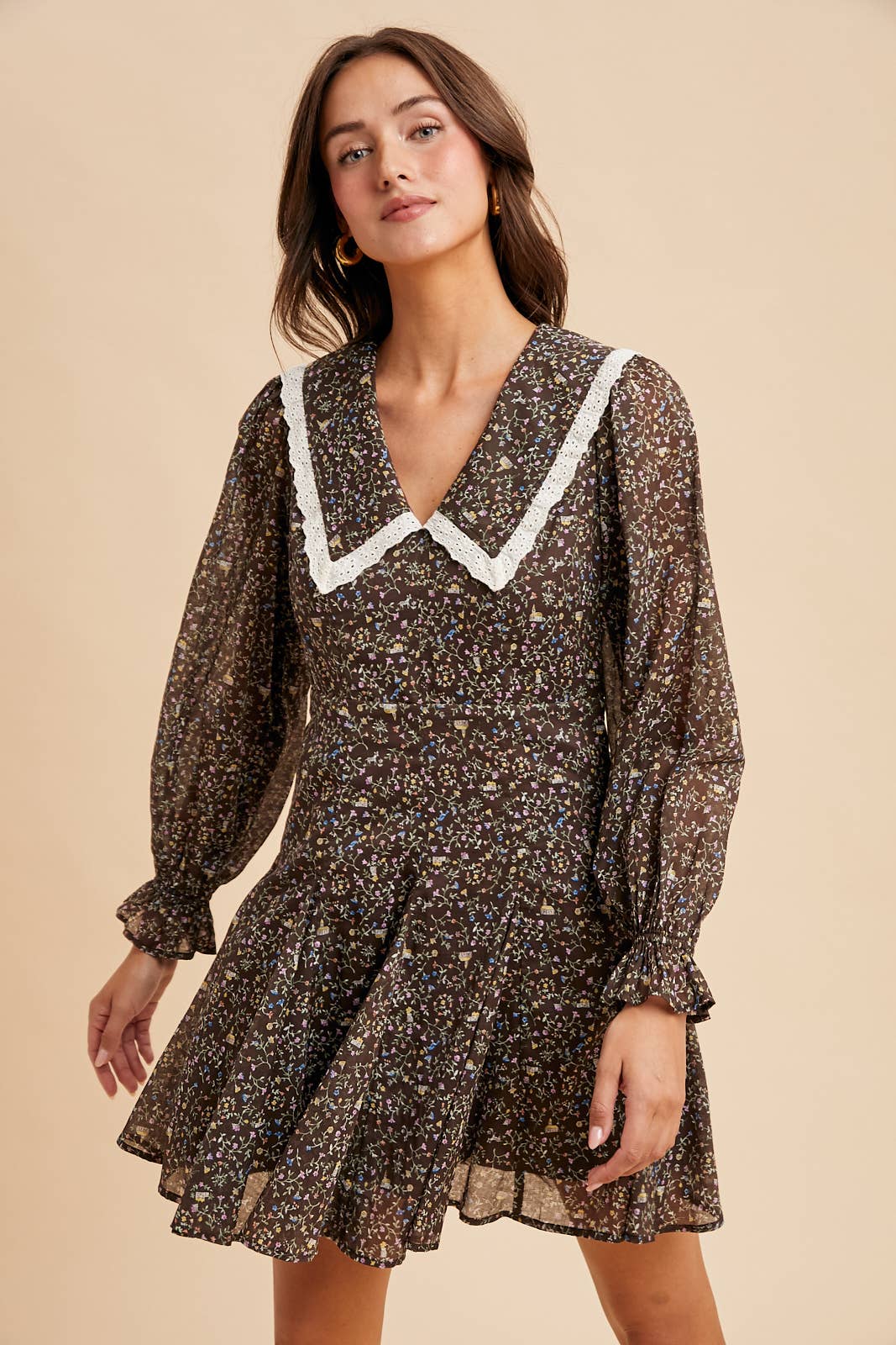 PETER PAN COLLAR FLARED MINI DRESS MOCHA