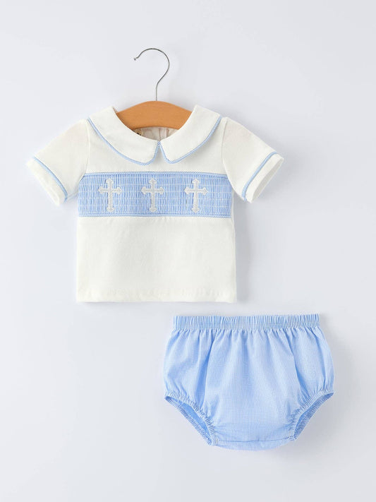 Blue Smocked Church cross Christ Bishop Christening Baby Boy Bloomer Set