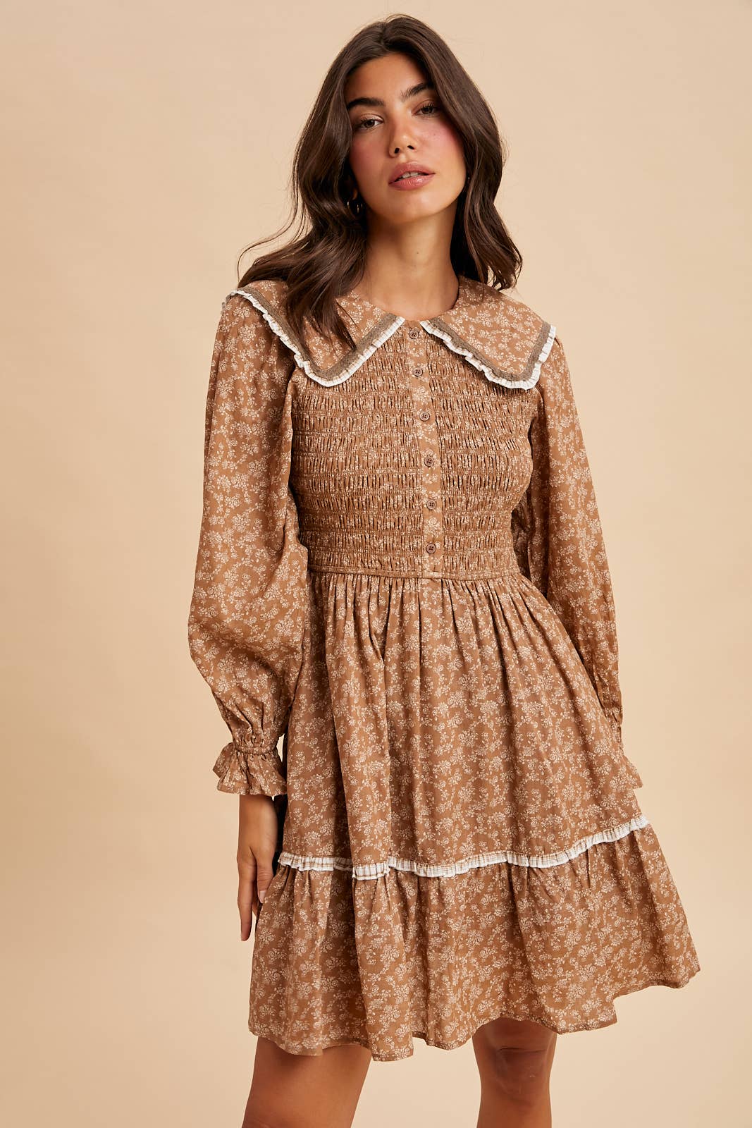 SMOCKED DOLL COLLAR MINI DRESS