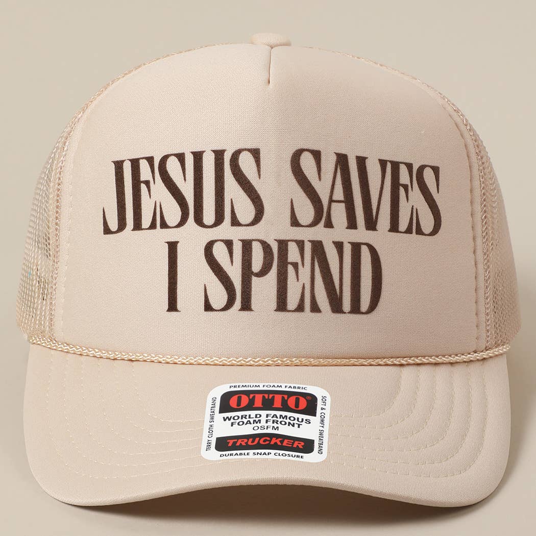 JESUS SAVES I SPEND Text Mesh Back Trucker Hat: Pink / ONE SIZE