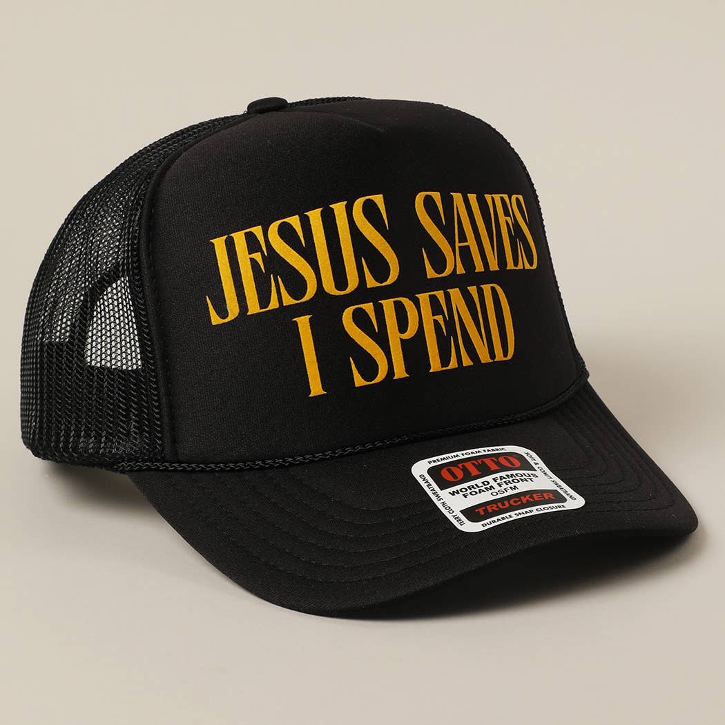 JESUS SAVES I SPEND Text Mesh Back Trucker Hat: Pink / ONE SIZE