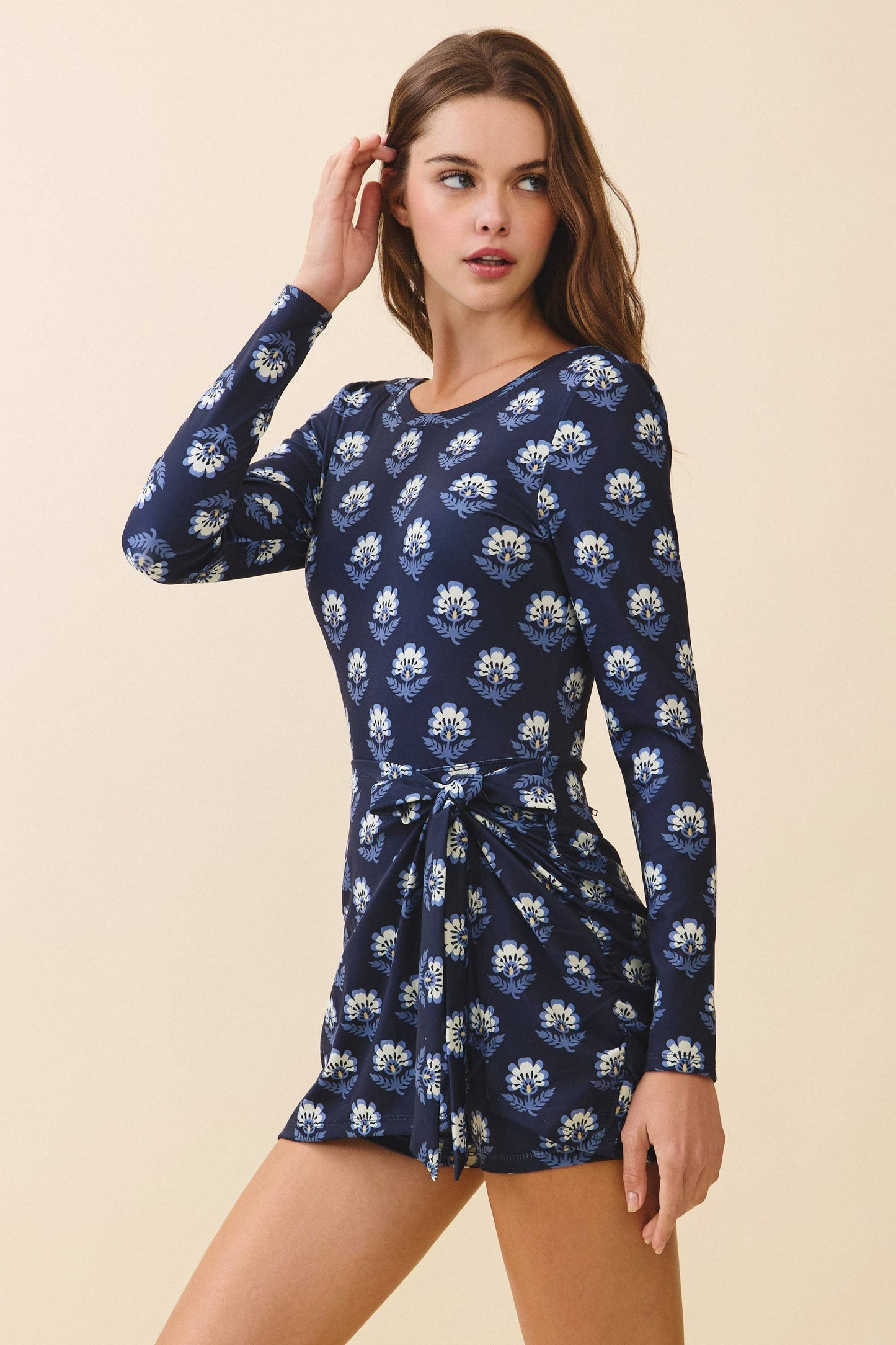 Scoop Back Tie Front Drape Detail Bodycon Dress NAVY