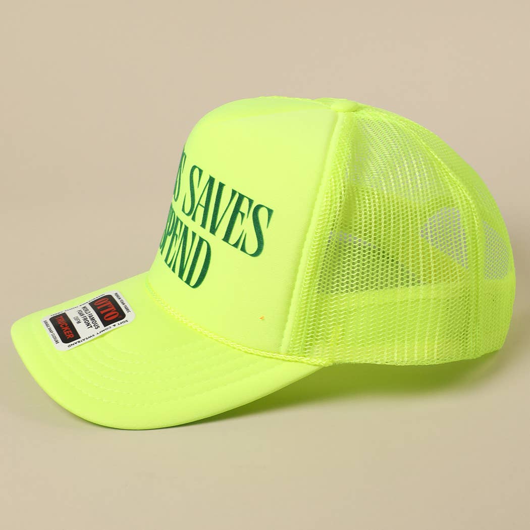 JESUS SAVES I SPEND Text Mesh Back Trucker Hat: Pink / ONE SIZE