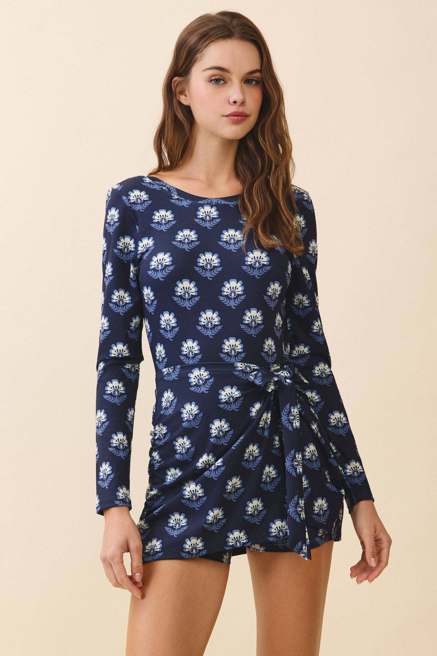 Scoop Back Tie Front Drape Detail Bodycon Dress NAVY