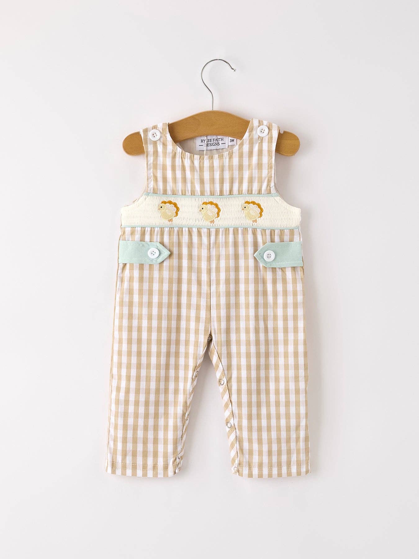 Fall Thanksgiving Apricot Plaid Chick Embroidery Smocking Baby Boys Romper