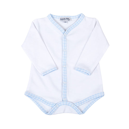New Beginnings Blue Front Snap Bodysuit: Blue