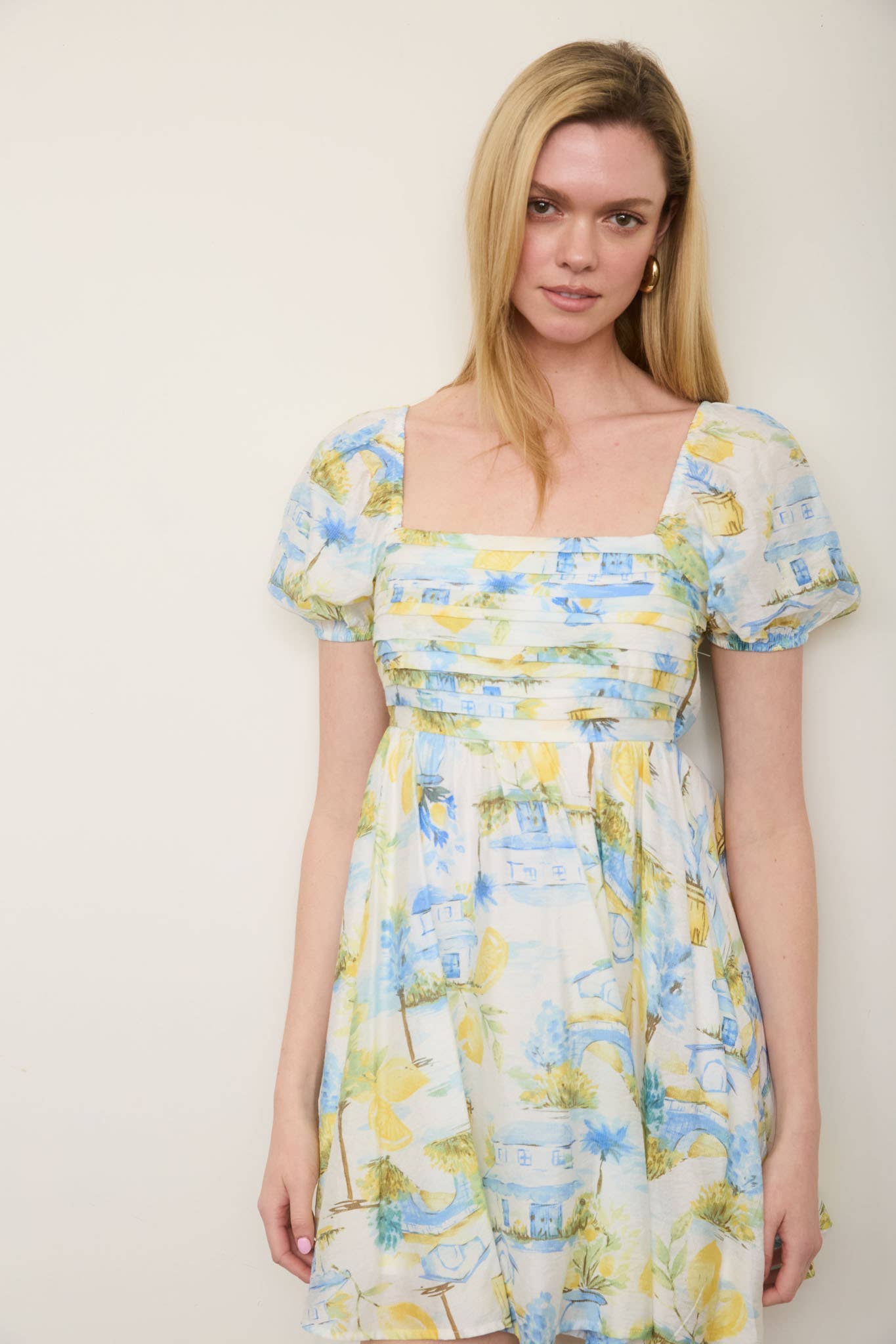 LEMON PRINT PLEATED SHORT PUFF SLEEVE MINI DRESS blue pepper