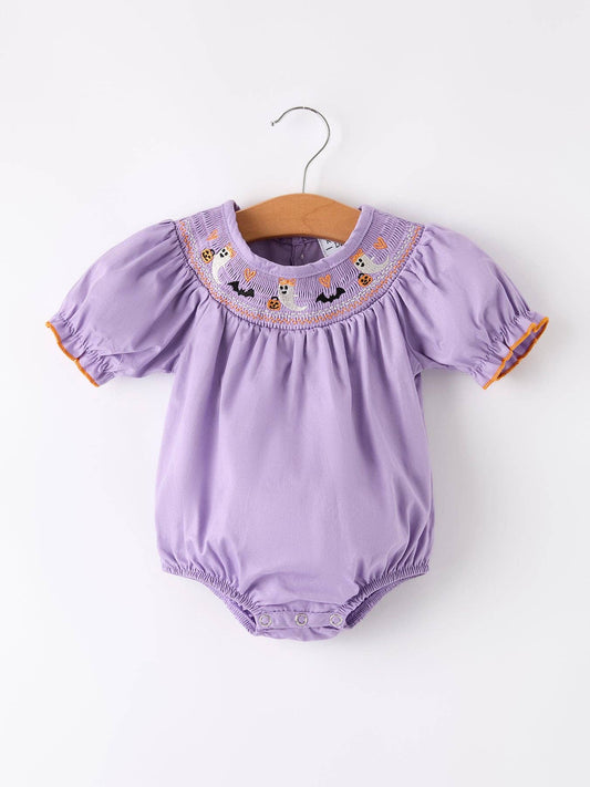 Purple Halloween Smock Embroidery Baby Girl Romper