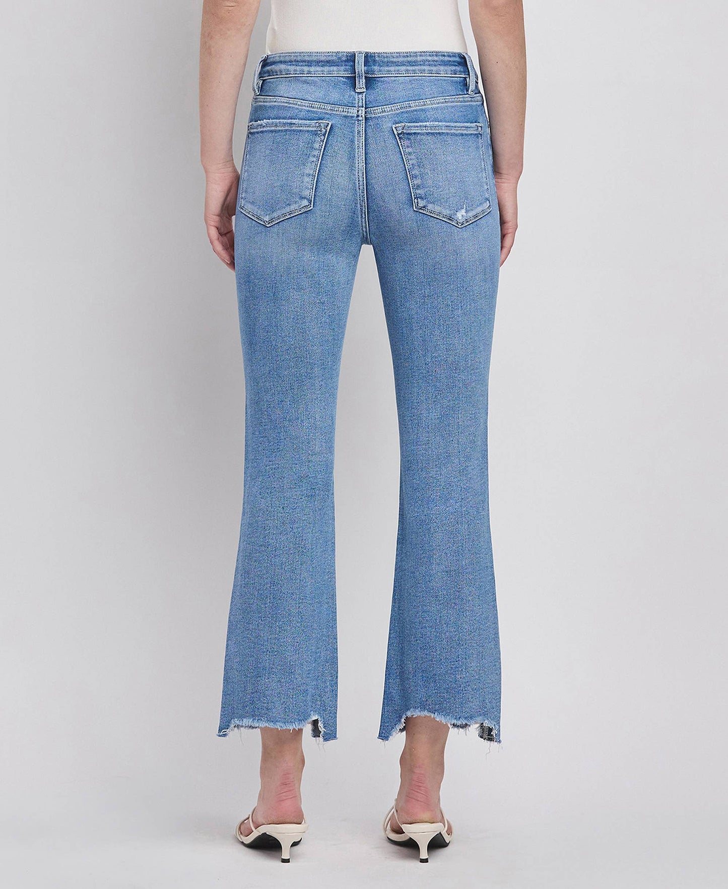 HIGH RISE UNEVEN RAW HEM KICK FLARE JEANS LV1416: PERFECTLY