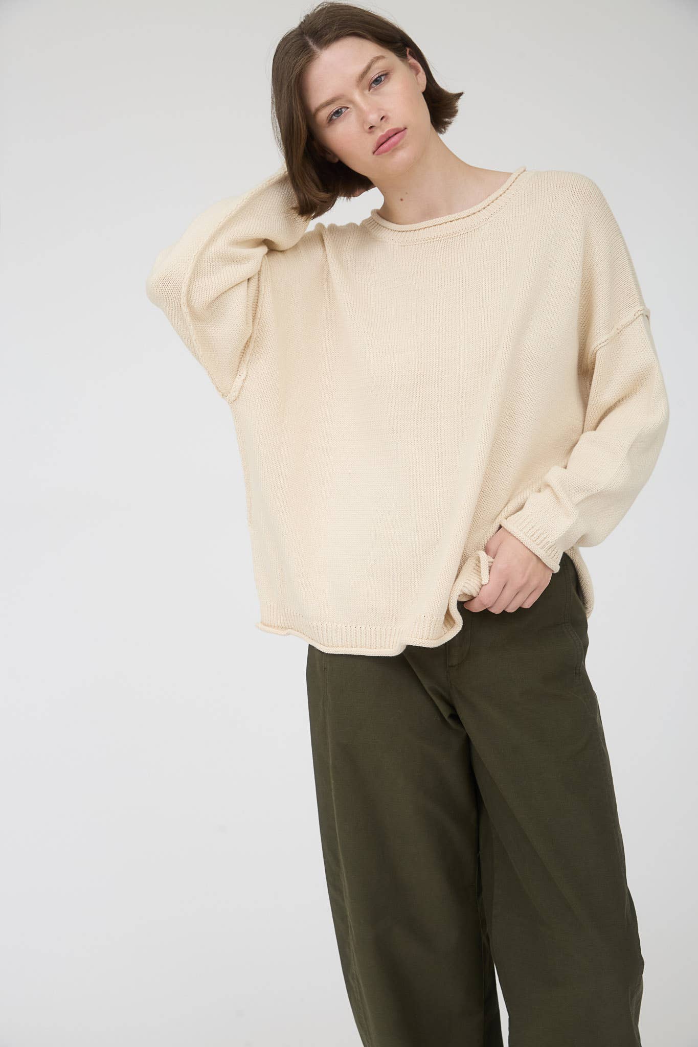 RAW EDGE EXTENDED SHOULDER LONG SLEEVE SWEATER