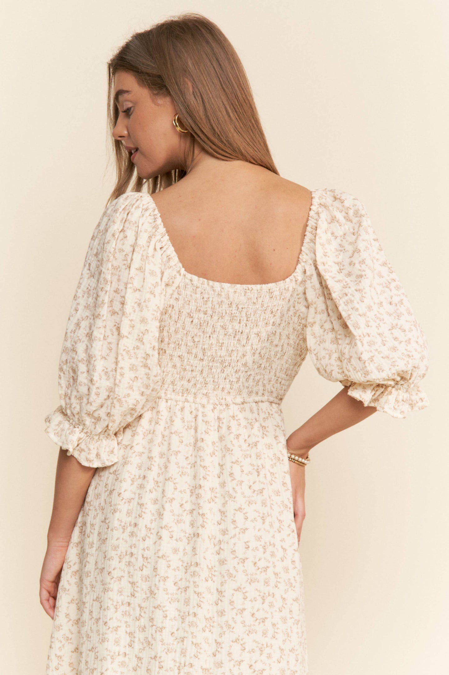 Floral Print Square Neckline Maxi Dress Neutral