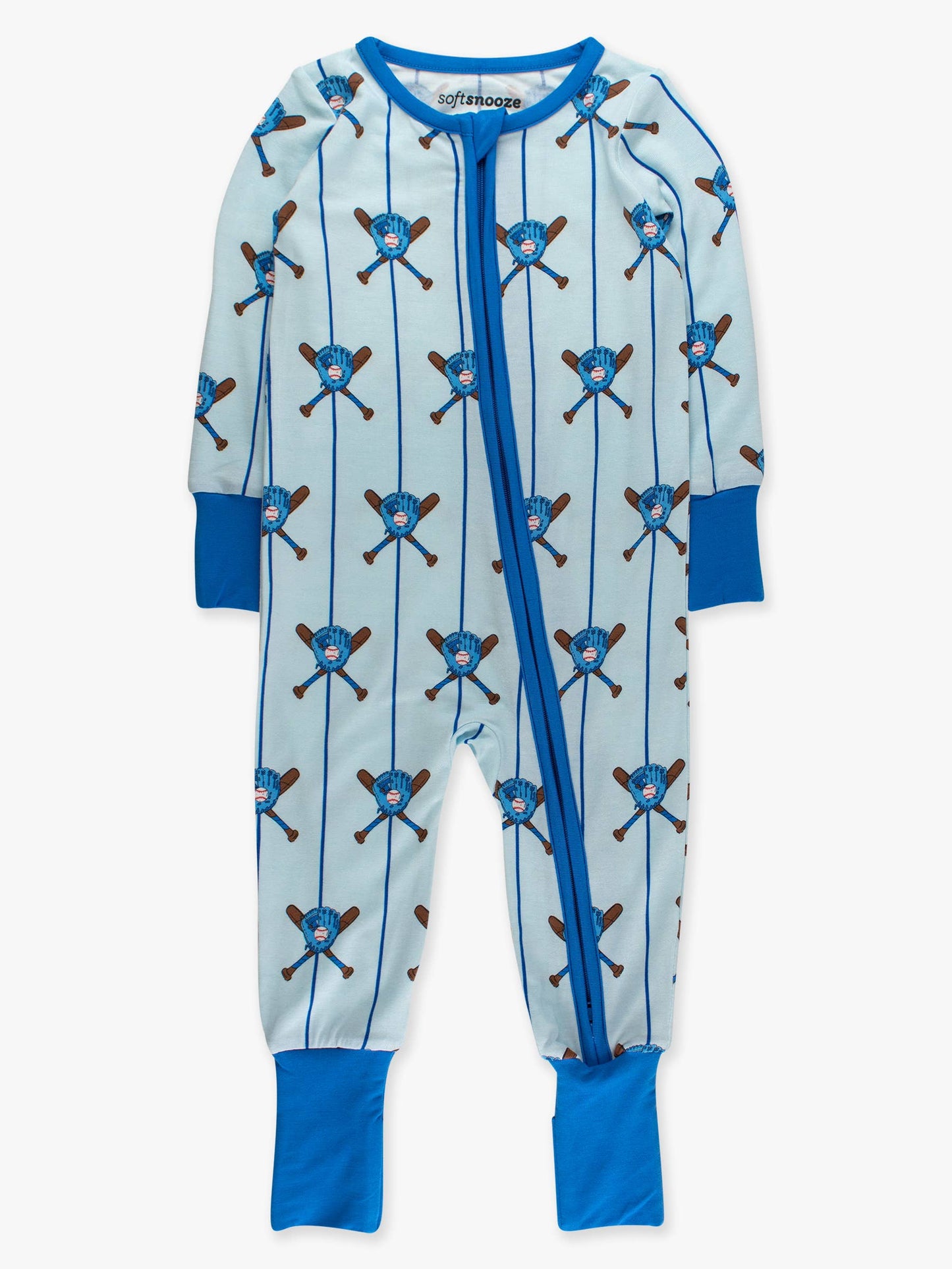 SoftSnooze™ Baby Bamboo Viscose Blue Batter Up Baseball Convertible One Piece Footie Pajama: Blue