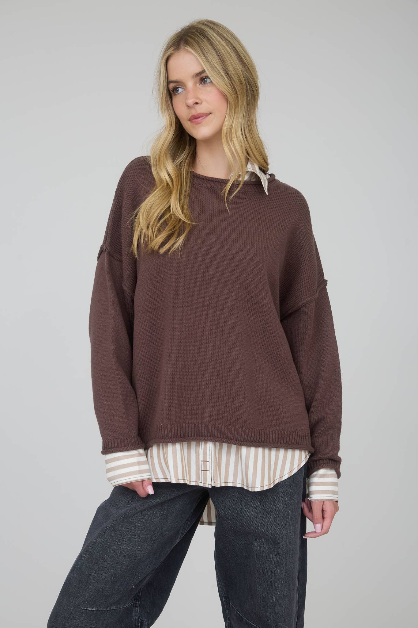 RAW EDGE EXTENDED SHOULDER LONG SLEEVE SWEATER