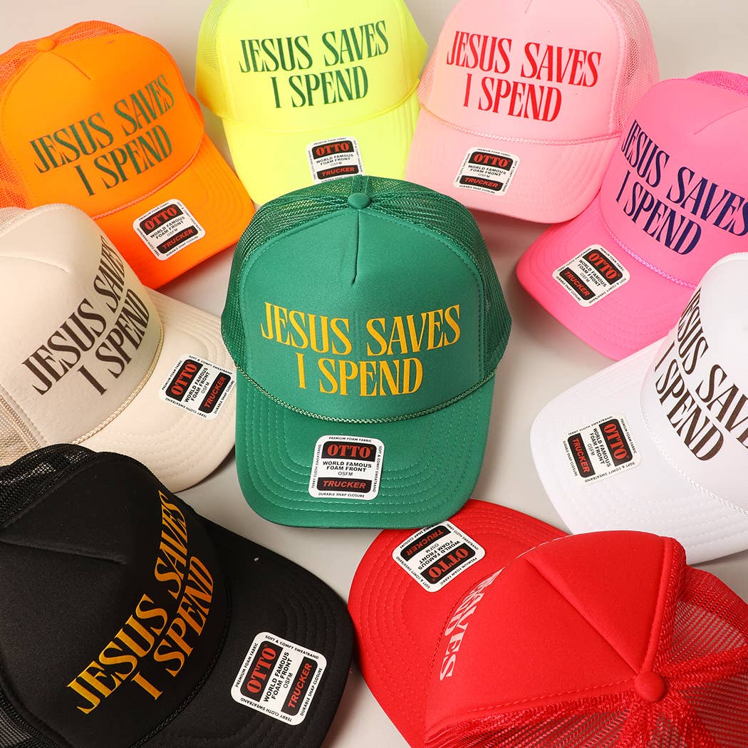JESUS SAVES I SPEND Text Mesh Back Trucker Hat: Pink / ONE SIZE