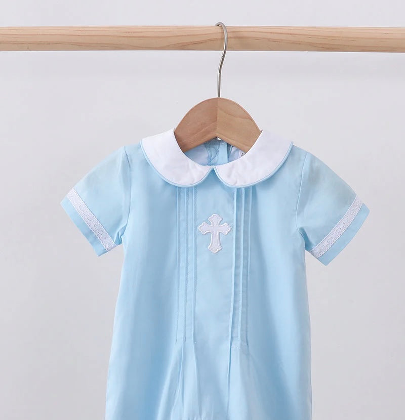 Blue cross embroidery bubble baby boy