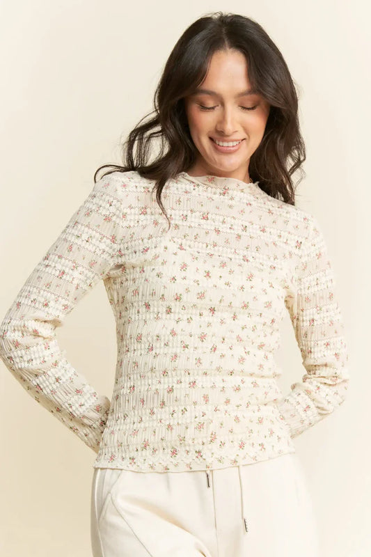 Women’s -Textured Floral Mesh Long Sleeve Top- blush