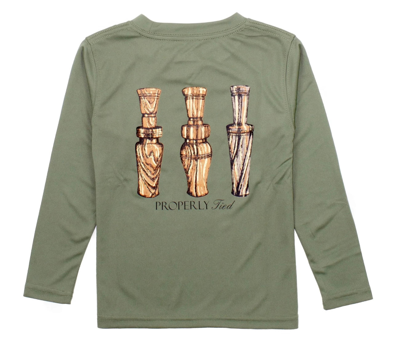 Properly tied Performance Tee LS Duck Calls Olive