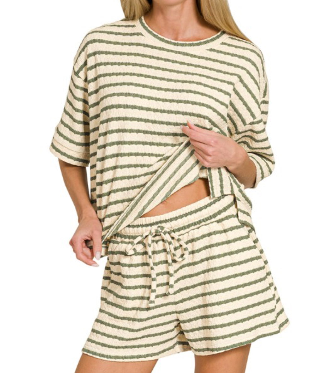 Olive striped tee and short set